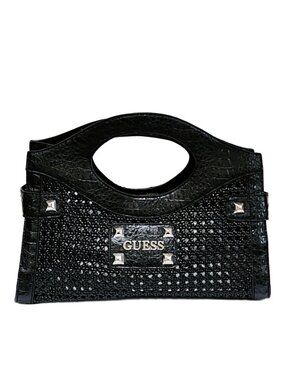 VTG 2000's Y2K GUESS Black Faux Leather Croc Open Weave Satchel Bag